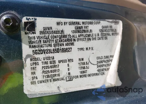 2005 Saturn Relay Fwd from USA, damaged, VIN 5GZDV23L65D189627